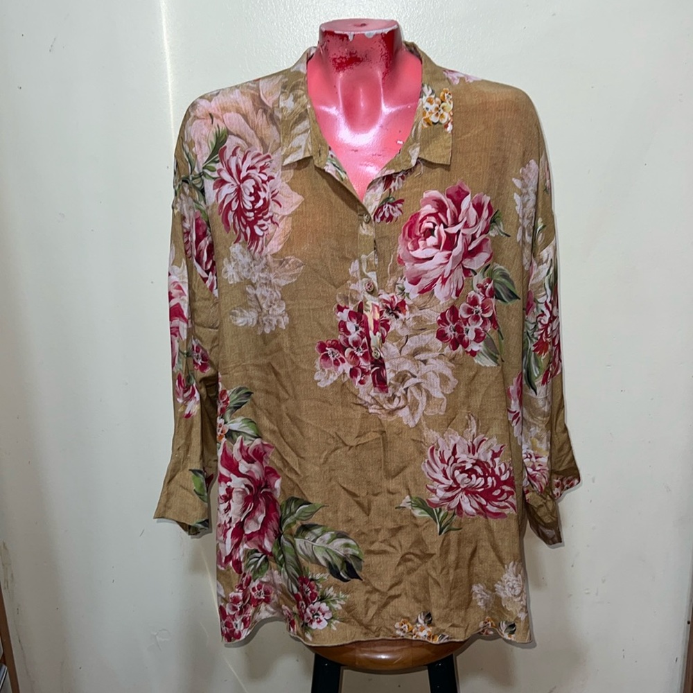 Johnny Was Tan and Red Blouse with Vibrant Patterns